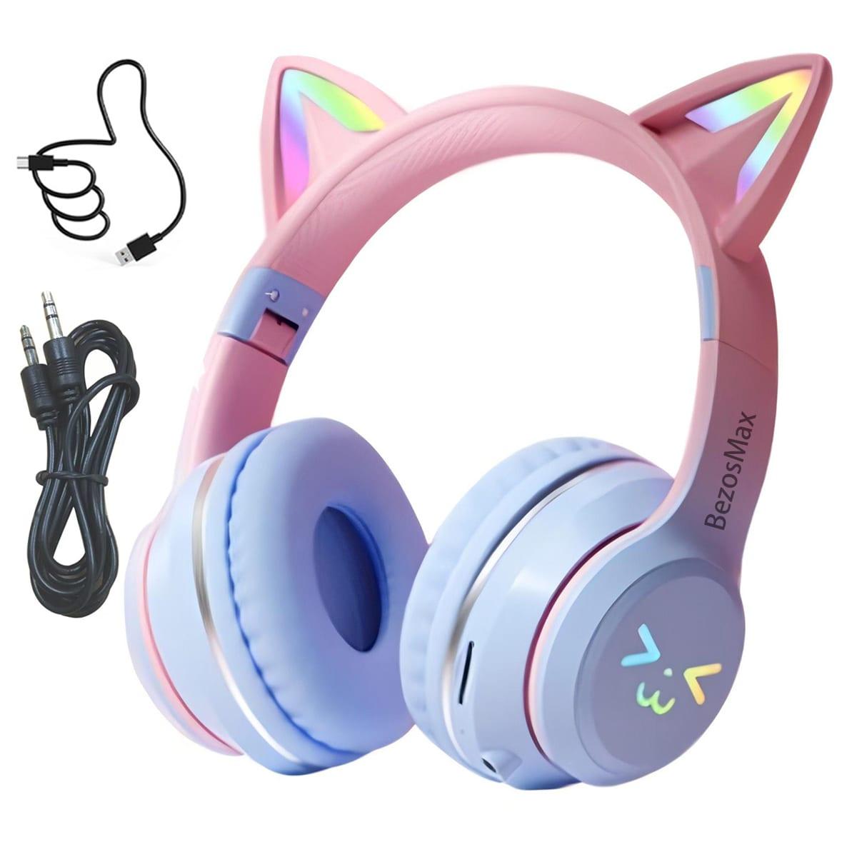 BezosMax Cat Ear Bluetooth Wireless Headphones, Built-in Mic & RGB Light - Blue