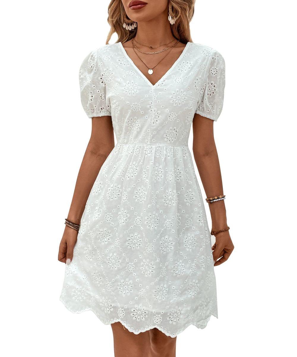 Women's Summer V-Neck Eyelet Casual Dress - White