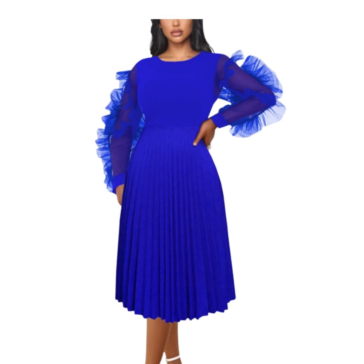 Lindavio's Casual Slight Stretch Stitching Mesh Pleated Midi Dress Quality - L